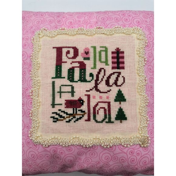 Fa La La Handmade Pink Pillow W/ Cross Stitch Holiday Design Swirl Pattern Back - Picture 4 of 6